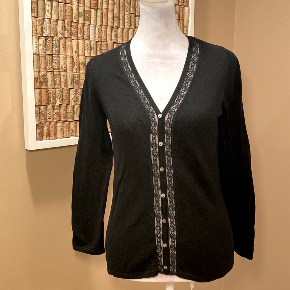 Anthropologie Odille Black 100% Cotton Button Down Cardigan with Lace Trim